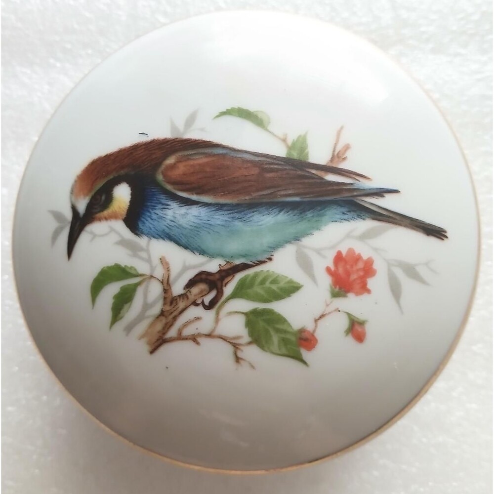 Vintage French Porcelain Trinket Box Hand-Painted Bird Branch 4" Gold Trim Round